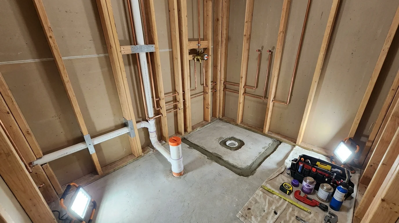 Bathroom rough-in plumbing during remodel by Johns Plumbing LLC in Lanark