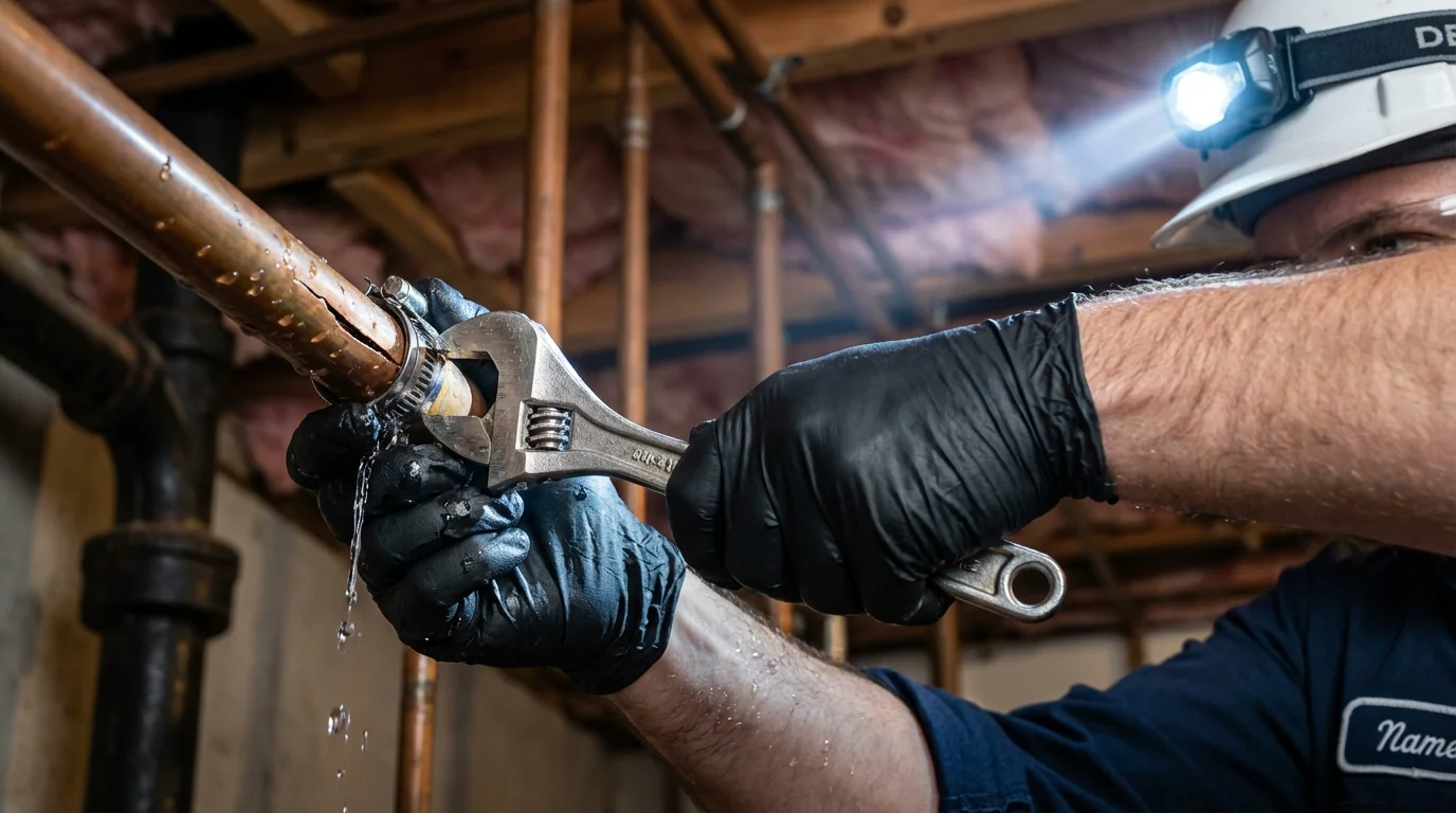 Emergency pipe clamp repair being performed by a Johns Plumbing LLC plumber in Lanark