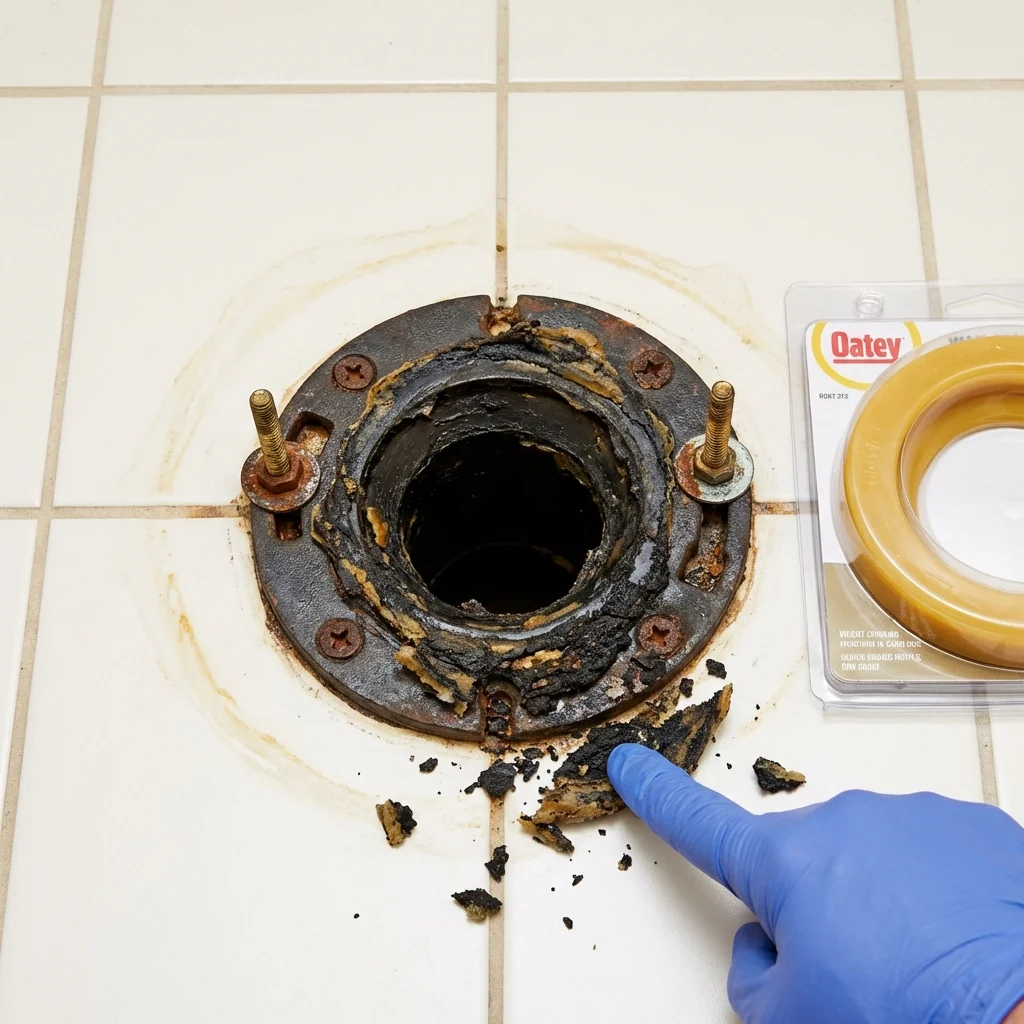 Failed wax ring showing water seepage at the base of a toilet in a Lanark, IL home