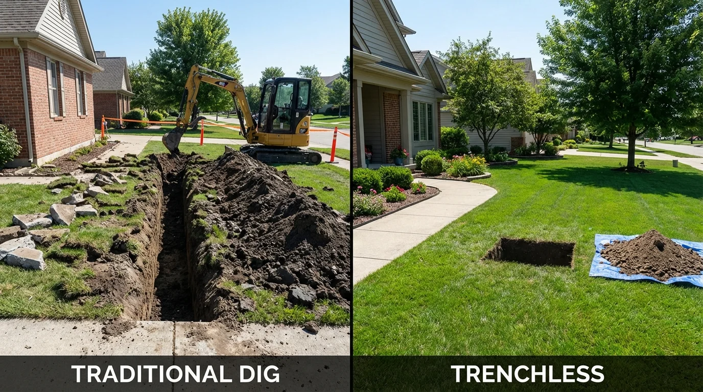 Trenchless sewer repair with minimal yard damage versus traditional excavation in Lanark, IL