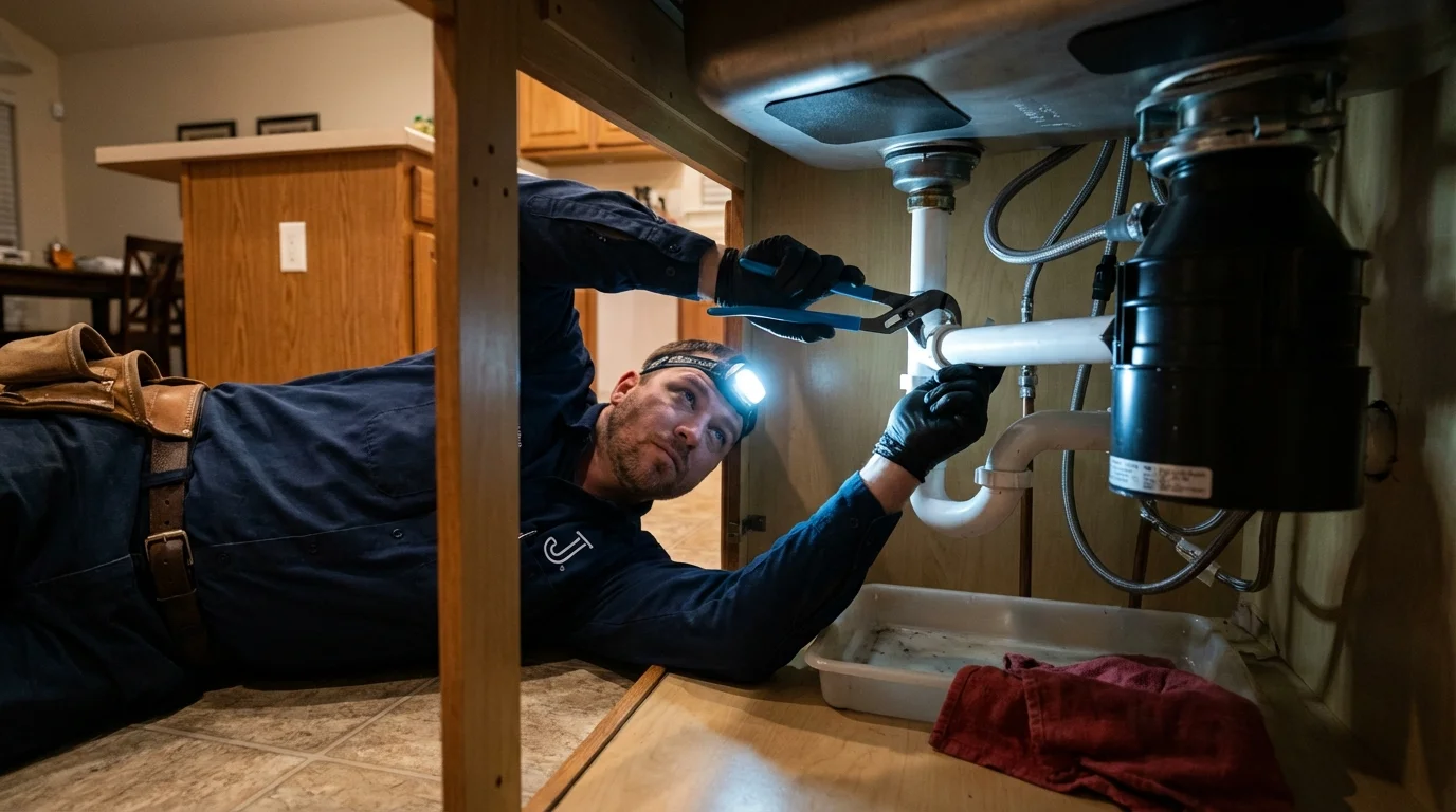 P-trap and supply line connections under a kitchen sink showing a common leak point in Lanark, IL